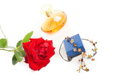 fashion necklace with box, perfume bottle and red rose