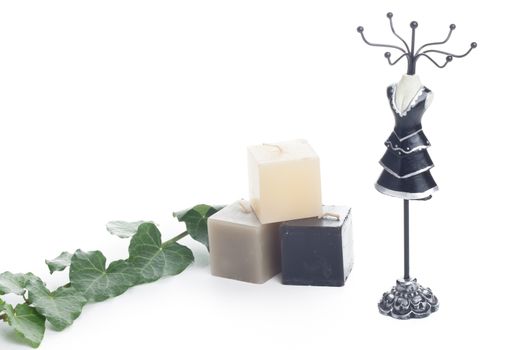 stylish jewelry holder with aromatic candles and green leaf