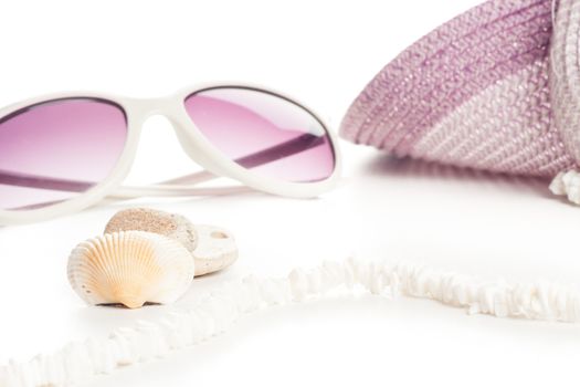 woman summer accessories, violet sun glass and hat