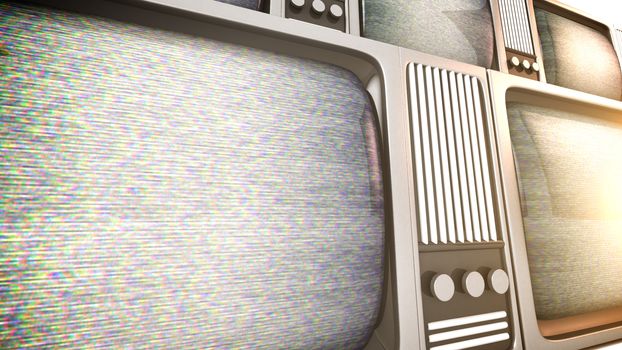 3D render of retro tv sets with static.