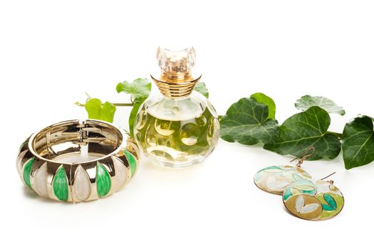 hand made vintage green beautiful fashion earrings, bracelet and perfume