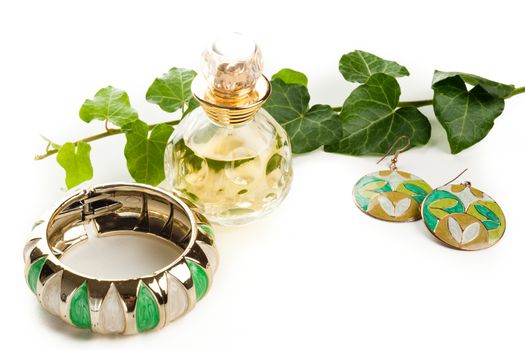 hand made vintage green beautiful fashion earrings, bracelet and perfume