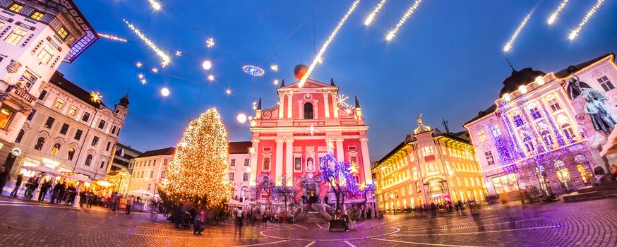 Romantic Ljubljana's city center  decorated for Christmas fairytale. Preseren's square, Ljubljana, Slovenia, Europe.