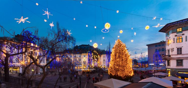 Romantic Ljubljana's city center  decorated for Christmas fairytale. Preseren's square, Ljubljana, Slovenia, Europe.