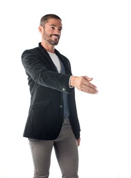 man shake hands  in front of white background