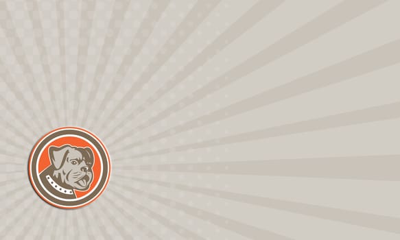 Business card showing illustration of a bulldog dog mongrel head mascot showing tongue set inside circle on isolated background done in retro style.