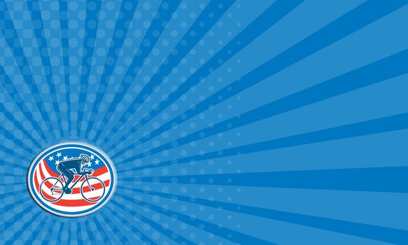 Business card showing illustration of a cyclist biking riding mountain bike facing side set inside oval with american flag stars and stripes in the background done in retro style. 