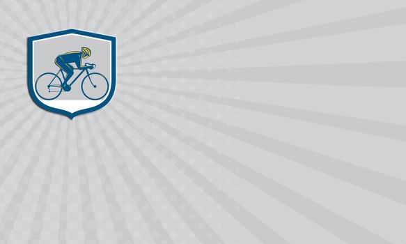 Business card showing illustration of a cyclist biking riding mountain bike facing side set inside shield on isolated background done in retro style. 