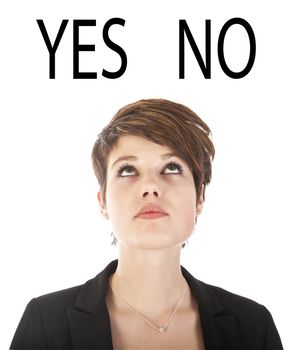 Young woman making choices isolated on white background