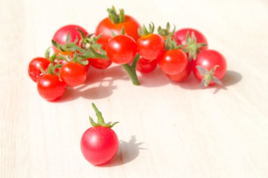 Photo shows a detail of the colourful tomatoes on a table.