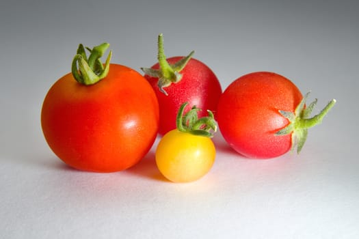 Photo shows a detail of the colourful tomatoes on a table.