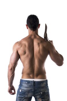Muscle man with axe back view on white background
