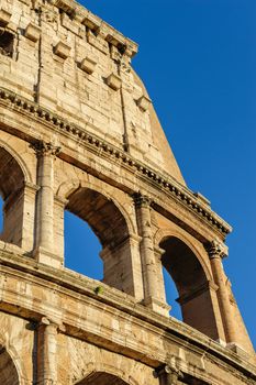 Partial view of ancient Rome Coliseum ruins. Italy, Rome.