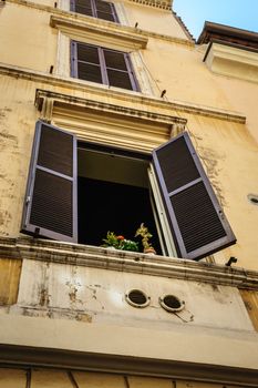 Window with flowers and blinds, old streets of Rome, Italy