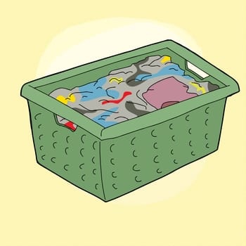 Single cartoon doodle laundry basket full with clothing