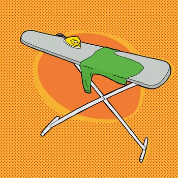 Cartoon ironing board with steam iron and shirt