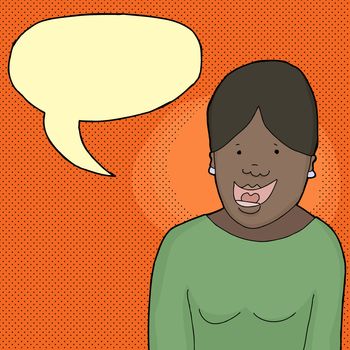 Cute Black woman with word bubble over orange background