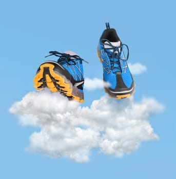 Blue sport shoes running on clouds, easy walking concept