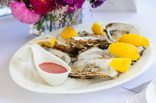 plate of oysters with lemon and special sauce
