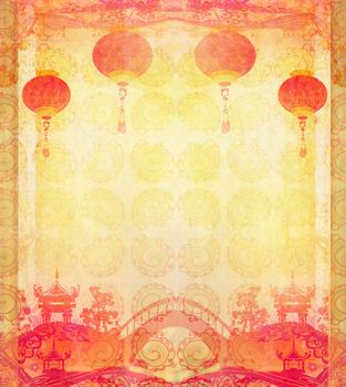 Chinese New Year card - Traditional lanterns and Asian buildings