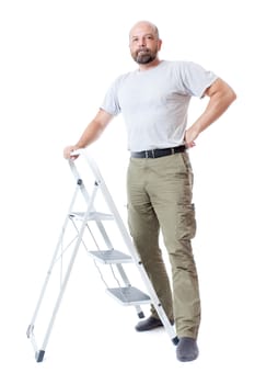 An image of a handsome man with a ladder full body isolated on white