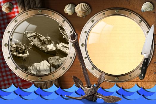 Two metal portholes on wood wall with ropes and tablecloth, fishing boats, kitchen knife, rusty anchor and seashells. Template for recipes or seafood menu