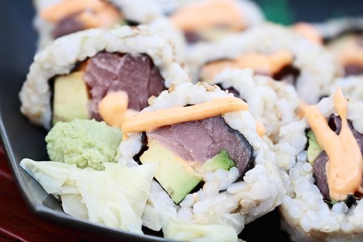 Close up of tuna sushi with extreme shallow depth of field.