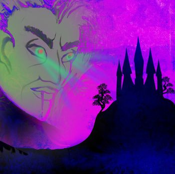 Halloween terrible illustration with a ghost in front of a haunted house.