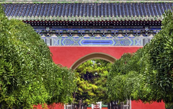 Red Gate, Temple of Sun City Park, Beijing, China Green Trees