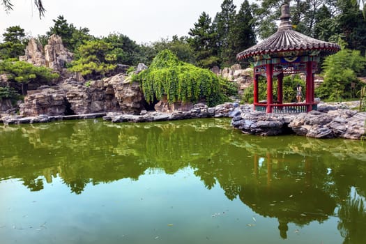 Red Pavilion Rock Garden Water Pond Reflection Temple of Sun City Park, Beijing, China Willow Green Trees