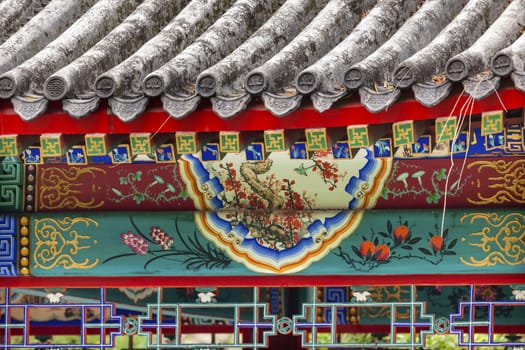 Red Pavilion Decorations  Temple of Sun City Park, Beijing, China Green Trees