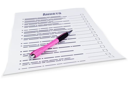 A sheet of paper with a questionnaire and a ballpoint pen on a white background