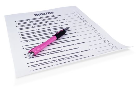 A sheet of paper with a questionnaire and a ballpoint pen on a white background