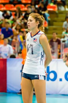 BANGKOK - AUGUST 17:  Alexandra Klineman of USA Volleyball Team in action during The Volleyball World Grand Prix 2014 at Indoor Stadium Huamark on August 17, 2014 in Bangkok, Thailand.