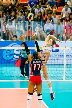 BANGKOK - AUGUST 17: Kelsey Robinson of USA Volleyball Team in action during The Volleyball World Grand Prix 2014 at Indoor Stadium Huamark on August 17, 2014 in Bangkok, Thailand.