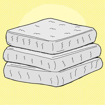 Stack of cartoon mattresses over yellow halftone background