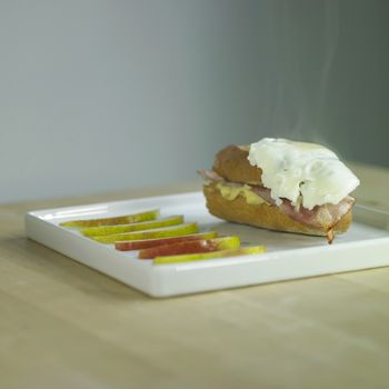 fresh egg sandwick with sliced pear