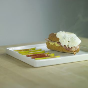 fresh egg sandwick with sliced pear