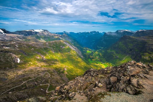 The Geiranger fjord in Norway, surrounded by high mountains