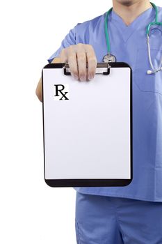 A doctor in blue uniform holding a clipboard with Medical prescriptions.