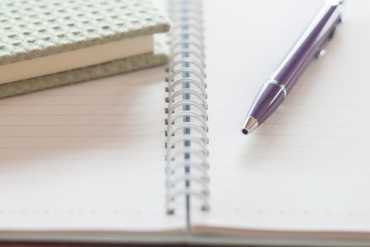 Pen and green notebook on spiral notebook, stock photo