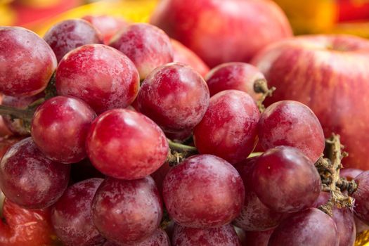 Close up of a large cluster of red grapes and apple