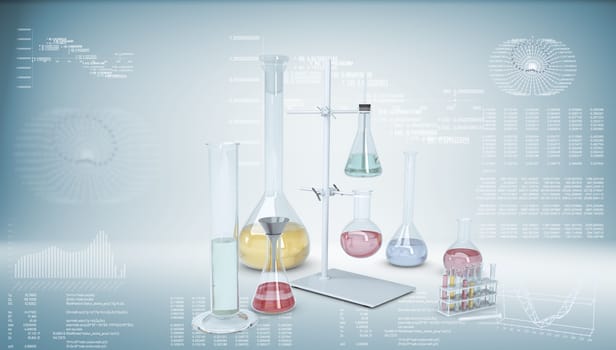 Chemical laboratory equipment. Flasks and test tubes. Graphs and texts as backdrop