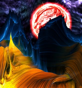 Alien mountains with space background and a red planet