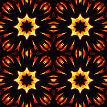 Abstract seamless pattern, fiery stars on a black background