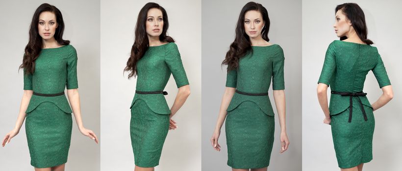 Young beautiful women in green dress posing on grey background