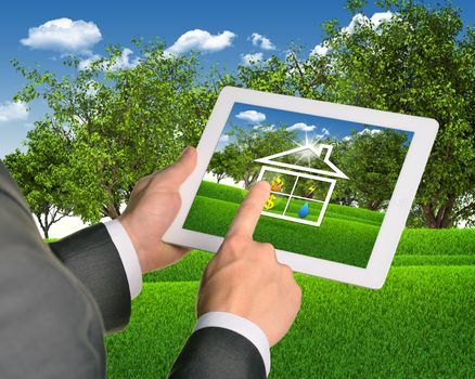 Man using tablet pc with symbols of public service and house. Landscape as backdrop
