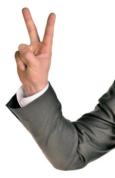 Businessman in suit shows two fingers. Isolated on white background