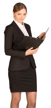 Businesswoman stand holding paper holder. Isolated on white background