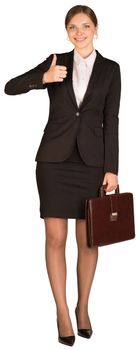 Businesswoman showing thumb up and holding briefcase. Isolated on white background